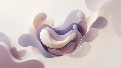 A serene, abstract digital art composition representing emotional balance. Soft, flowing gradients of warm purple and pristine white create a gentle wave-like pattern.