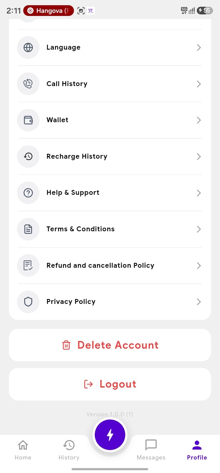 BestyTalk Delete Account option screenshot