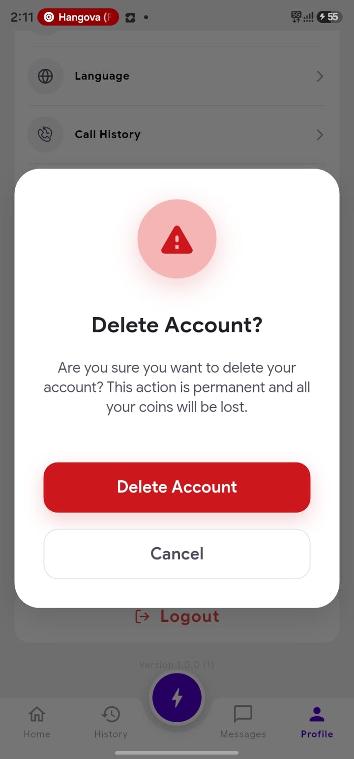 BestyTalk Delete Account confirmation dialog screenshot